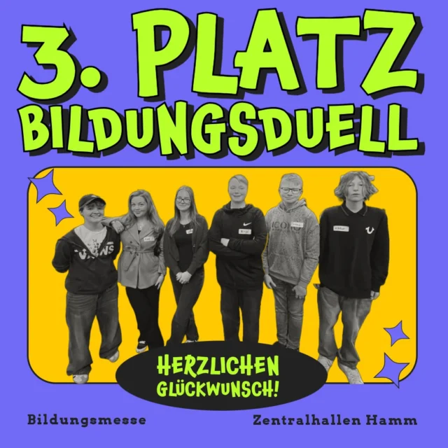 🏆 3. Platz beim Bildungsduell! 🏆

Am Freitag nahmen Schüler:innen der SSG (Jil, Eda, Lotta, Simon, Yannik und Victor) am Bildungsduell in den @zentralhallen_hamm teil.
Im Duell mussten sie nicht nur Quizfragen beantworten und Kopfrechnen, sondern auch praktische Aufgaben meistern, die Teamgeist erforderten. 🧠 🧮 🤝

Ihr könnt stolz auf eure Leistung sein! 🎉👏

Der gesamte 9. Jahrgang verbrachte den Tag auf der Bildungsmesse, wo sie sich über Betriebe aus Hamm und Umgebung informieren und mit ihnen ins Gespräch kommen konnten. 🗣️

#Bildungsduell
#Bildungsmesse
#Teamgeist
#Zentralhallen
#jahrgang9